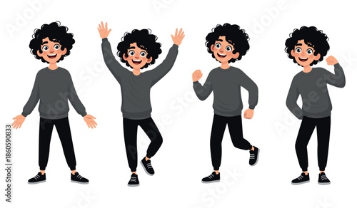 Animated young male characters in various poses with curly hair and casual attire
