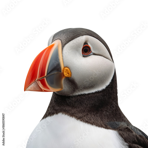 Puffin Displays Bright Beak While Perched and Looking Forward in a Studio Set...