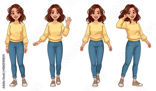 Animated young female character in casual outfit with various poses and expressions