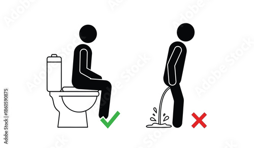 Toilet etiquette showing correct and incorrect bathroom behavior with simple icons