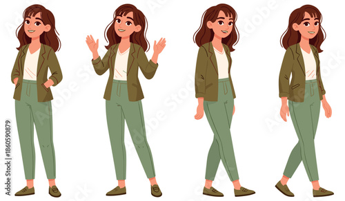 Young caucasian female character in casual outfit: four poses