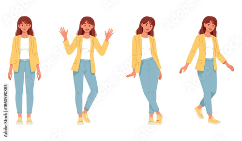 Young caucasian female character in various poses with different expressions