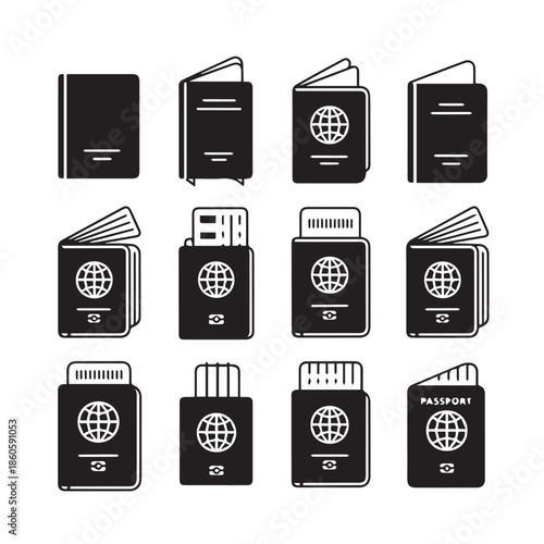 Passport simple black vector icon set on transparent background document control with identification for border travel and immigration