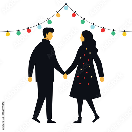 Black silhouette vector illustration of a man and woman couple holding hands walking together 