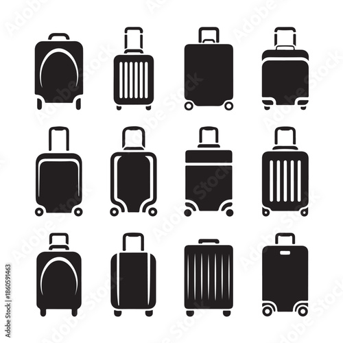 Set of Suitcase Icons for Traveling and Vacation. Tourism Holiday Baggage Luggage and Voyage. Isolated Vector Illustration on Transparent Background Design