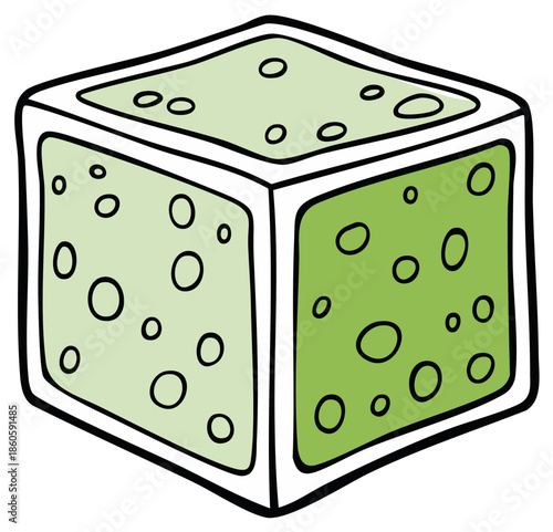 Green cube with rounded dots in a cartoonish style isolated on white
