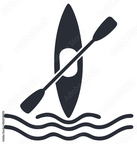 Black and white illustration of a kayak with a paddle above stylized water lines
