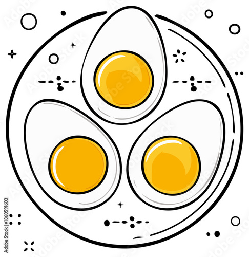 Graphic illustration of a plate with three halved hard-boiled eggs with bright yolks