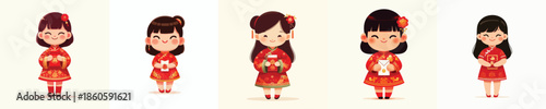 vector little girl standing holding red envelope at chinese new year celebration
