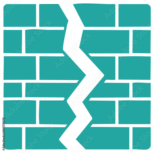 Turquoise brick wall with a white crack running through it, flat vector design.