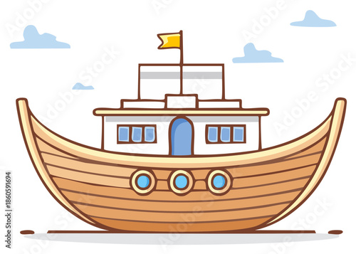 Whimsical wooden boat with yellow flag sailing on calm blue water under cloudy sky