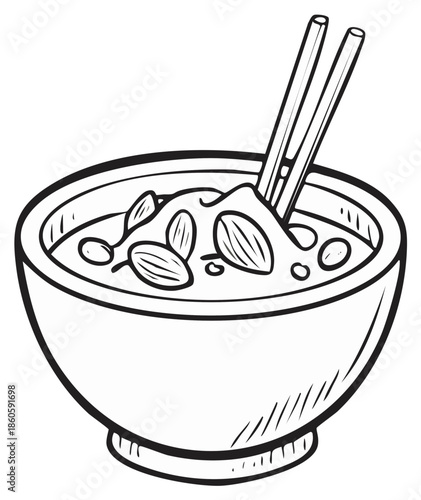 Black and white line art illustration of a bowl of Asian-inspired food with chopsticks and nuts, simple sketch.