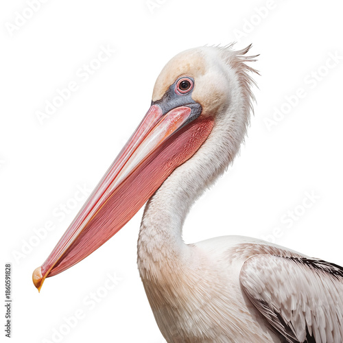 Pelican With Large Bill Stands Isolated Against White Background