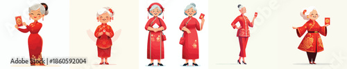 vector grandmother standing holding red envelope at chinese new year celebration