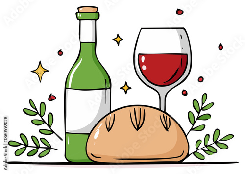 Charming hand drawn illustration of red wine bottle glass and loaf of bread with festive leaves