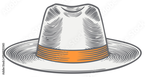 Stylish vintage fedora hat illustration with an orange band and decorative details