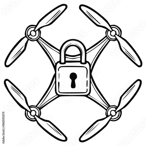 Drone with lock icon in center symbolizing security and restricted aerial access