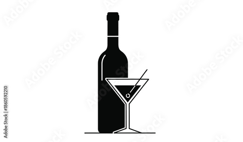 A simple black and white illustration of a wine bottle and martini glass