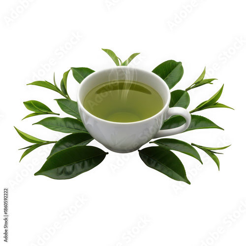Green tea cup and leaves isolated on transparent background
