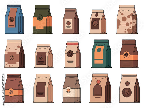 Assortment of Paper Bags for Coffee Beans Featuring Diverse Designs and Textures