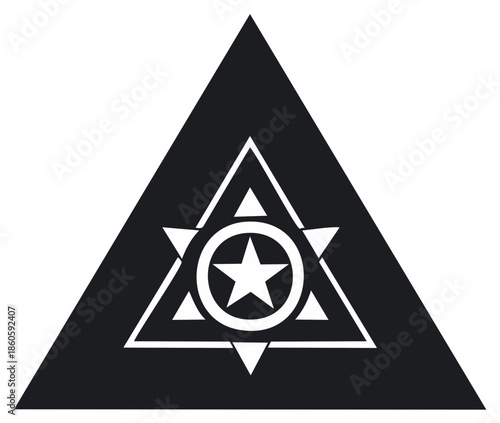 Geometric triangle emblem with a hexagram and a central pentagram star symbol