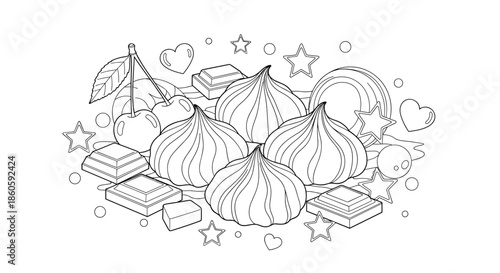 Black and white line art coloring page features delicious meringues, fresh cherries, and chocolate pieces surrounded by stars and hearts.
