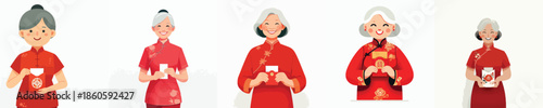 vector half body of grandmother gesture holding red envelope at chinese new year celebration