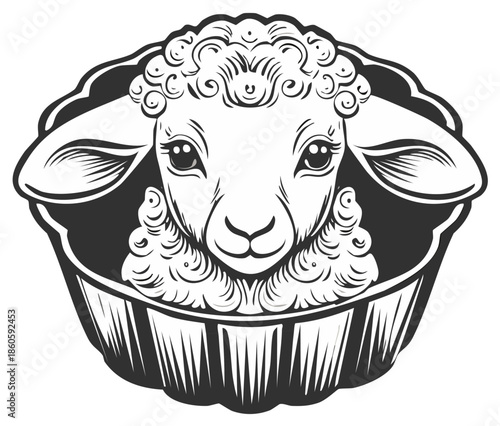 Cute Lamb Face in Basket Detailed Graphic Illustration Animal Portrait Design