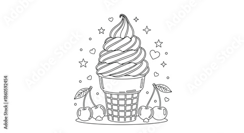 Detailed coloring page for kids displays a large soft serve ice cream cone decorated with cherries, tiny stars, and cute heart shapes.