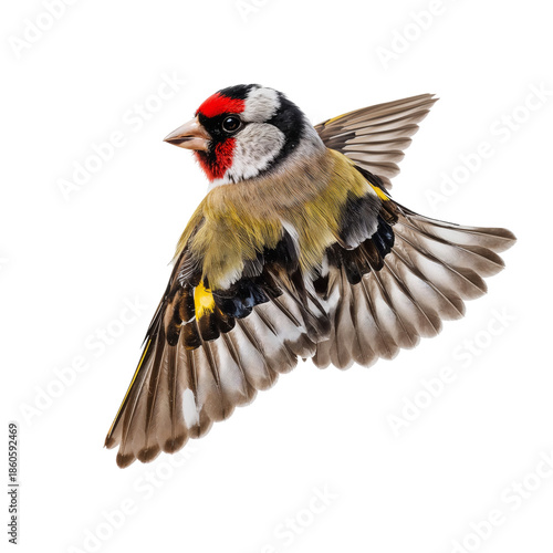Goldfinch in Flight With Wings Extended Against a White Background