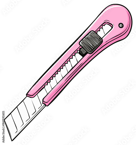 Illustration of a pink utility knife or box cutter with a sharp blade and a sliding mechanism for cutting materials.