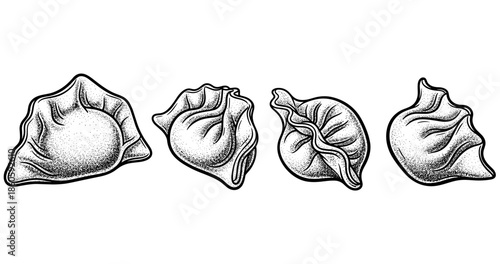 Detailed engraving of four traditional dumplings with varied shapes and textures