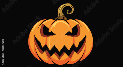 Vibrant orange jack o lantern with a classic spooky carved face stands out against a solid black background for Halloween festivities.