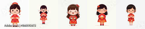 vector little girl standing holding red envelope at chinese new year celebration