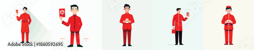 vector man standing holding red envelope at chinese new year celebration