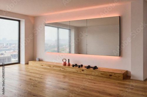 Modern home gym with wooden bench, dumbbells, kettlebell, and large mirror with LED lighting in a bright room with city view.