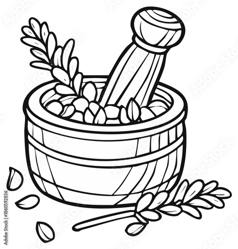 Illustration of a mortar and pestle with leaves and seeds for medicinal purposes
