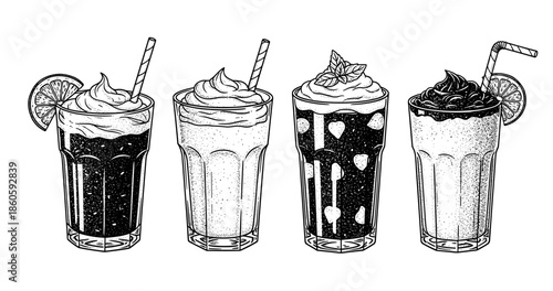 Four decorative milkshakes with straws and toppings in black and white illustration