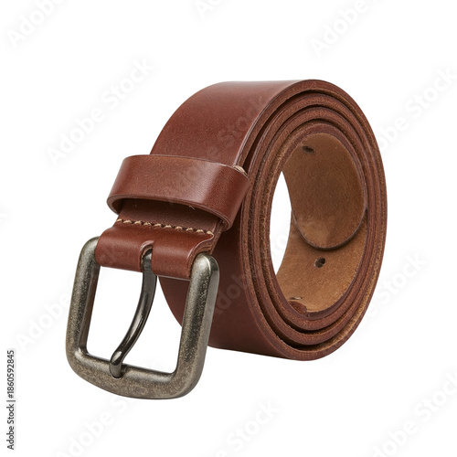 Brown Leather Belt With Metal Buckle on a Light Background