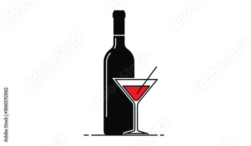 A simple black and white illustration of a wine bottle and martini glass