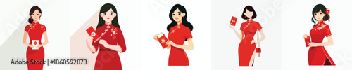 vector half body of woman gesture holding red envelope at chinese new year celebration