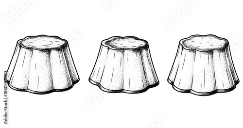 Three vintage pudding molds in black and white stippling style