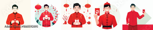 vector half body of man gesture holding red envelope at chinese new year celebration