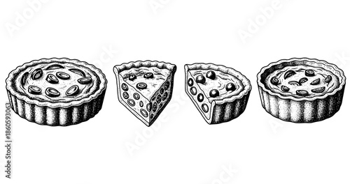 Detailed black and white tart illustrations with sliced and whole variations