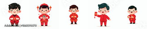 vector little boy standing holding red envelope at chinese new year celebration