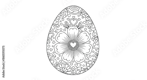 Intricate Easter egg coloring page features a large central flower surrounded by hearts and various geometric and floral patterns.