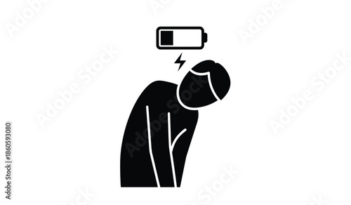 Silhouette of a person feeling drained with a low battery symbol above