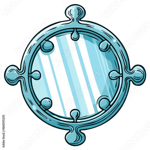Stylized, Ornate Round Mirror with Decorative Bezel and Reflective Surface