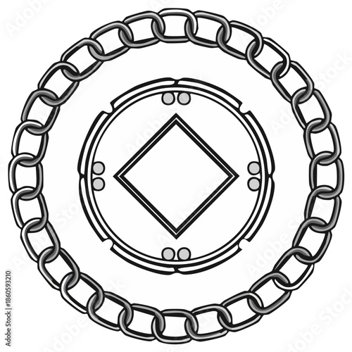 Ornate Circular Emblem Featuring a Diamond Shape Within a Linked Chain Border