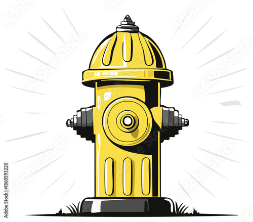 Illustration of a bright yellow fire hydrant with radiating light rays on white
